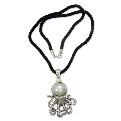 Cultured pearl pendant necklace, 'White Octopus' - Pearl on Sterling Silver Pendant on Silk Necklace