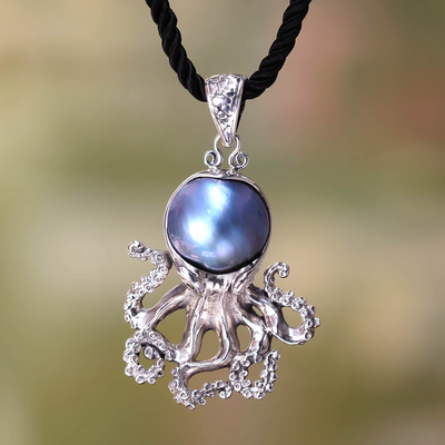 Cultured pearl pendant necklace, 'Blue Octopus' - Pearl and Sterling Silver Pendant on Silk Necklace