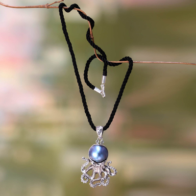 Cultured pearl pendant necklace, 'Blue Octopus' - Pearl and Sterling Silver Pendant on Silk Necklace