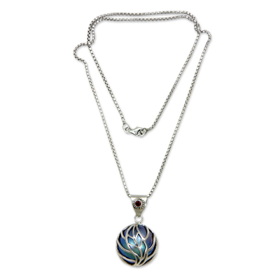 Cultured pearl pendant necklace, 'Secret World' - Blue Mabe Pearl Garnet and Silver Handcrafted Necklace