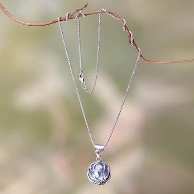 Cultured pearl pendant necklace, 'Secret World' - Blue Mabe Pearl Garnet and Silver Handcrafted Necklace