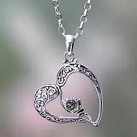 Peridot heart necklace, 'Naturally In Love' - Sterling Silver Heart Necklace with Peridot