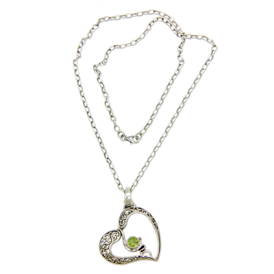 Peridot heart necklace, 'Naturally In Love' - Sterling Silver Heart Necklace with Peridot