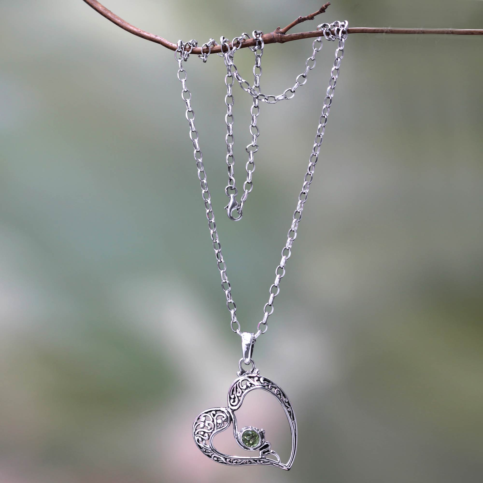 Sterling Silver Heart Necklace with Peridot - Naturally In Love | NOVICA