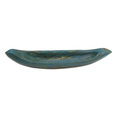 Wood catchall, 'Vintage Green Canoe' - Green Hand Carved Boat Theme Catchall
