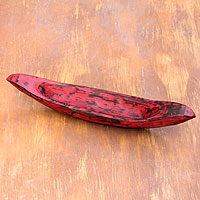 Wood catchall, 'Vintage Red Canoe' - Red Hand Carved Boat Theme Catchall from Bali