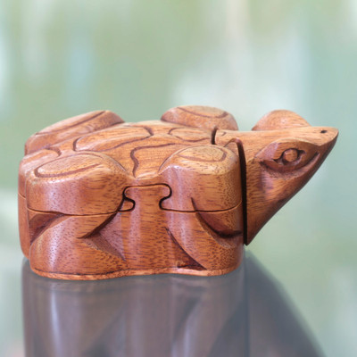 Wood puzzle box, 'Balinese Frog' - Frog Theme Puzzle Box