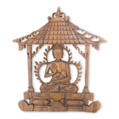 Wood wall panel, 'Solemn Buddha' - Hand-carved Wood Wall Panel Buddhist Sculpture