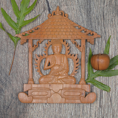 Wood wall panel, 'Solemn Buddha' - Hand-carved Wood Wall Panel Buddhist Sculpture