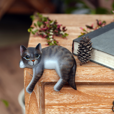 Wood sculpture, 'Tabby Cat Relaxes' - Signed Balinese Tabby Cat Sculpture