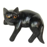 Wood sculpture, 'Black Cat Relaxes' - Signed Balinese Black Cat Sculpture