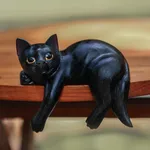 Wood sculpture, 'Black Cat Relaxes' - Signed Balinese Black Cat Sculpture