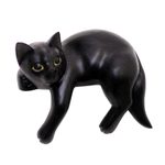 Wood sculpture, 'Black Cat Relaxes' - Signed Balinese Black Cat Sculpture