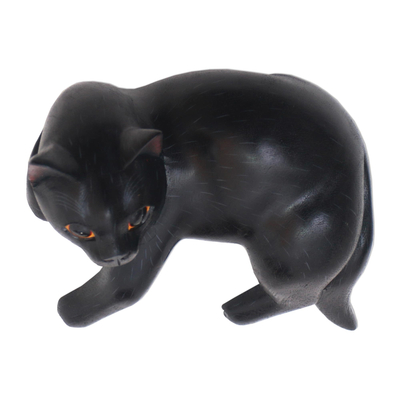 Wood sculpture, 'Black Cat Relaxes' - Signed Balinese Black Cat Sculpture