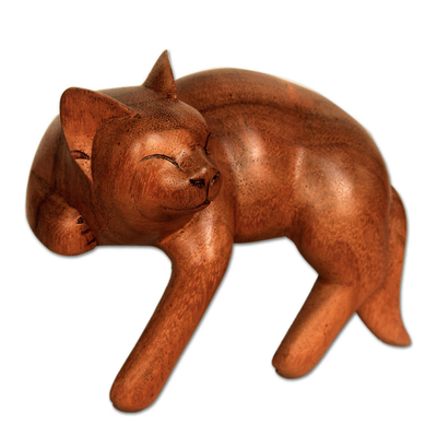 Wood sculpture, 'Smiling Cat Relaxes' - Signed Balinese Tabby Cat Sculpture