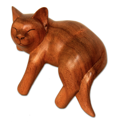 Wood sculpture, 'Smiling Cat Relaxes' - Signed Balinese Tabby Cat Sculpture