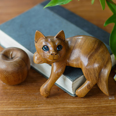 Wood sculpture, 'Ginger Cat Relaxes' - Signed Balinese Ginger Cat Sculpture