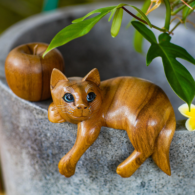 Escultura de madera - Escultura de gato de jengibre balinés firmada
