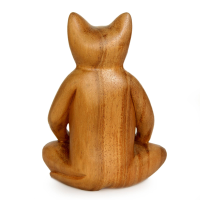 Wood sculpture, 'Ginger Cat Does Yoga' - Lotus Position Yoga Cat Carving