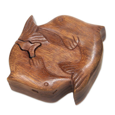 Wood puzzle box, 'Dancing Dolphins' - Hand Carved Balinese Wood Puzzle Box