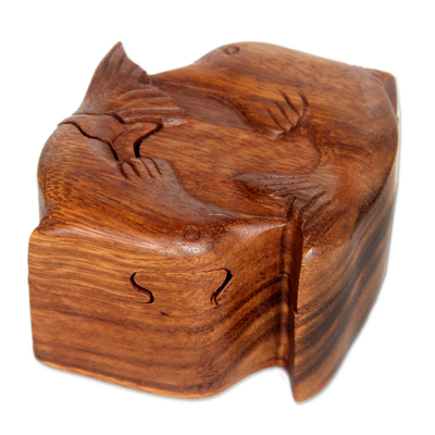 Wood puzzle box, 'Dancing Dolphins' - Hand Carved Balinese Wood Puzzle Box
