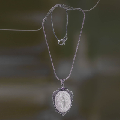 Halskette mit Anhänger aus Knochen und Amethyst - Amethyst-Halskette mit geschnitztem Knochenmedaillon