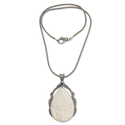 Bone and amethyst pendant necklace, 'Lord Ganesha' - Sterling Silver Necklace with Bone and Amethyst Medallion