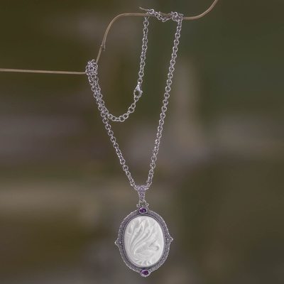 Bone and amethyst pendant necklace, 'Phoenix Power' - Bone and Amethyst Medallion on Sterling Silver Necklace