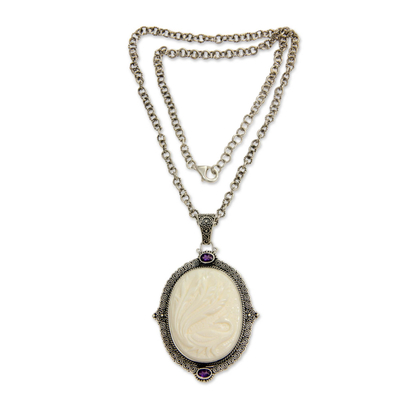 Bone and amethyst pendant necklace, 'Phoenix Power' - Bone and Amethyst Medallion on Sterling Silver Necklace