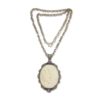 Bone and amethyst pendant necklace, 'Phoenix Rose' - Sterling Silver Necklace with Bone and Amethyst Medallion