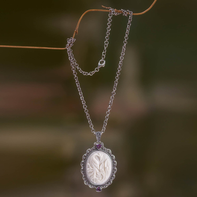 Bone and amethyst pendant necklace, 'Phoenix Charm' - Bone and Amethyst Medallion on Sterling Silver Necklace