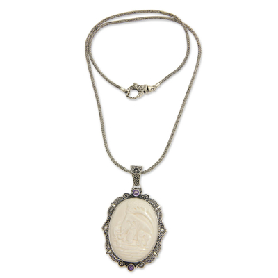 Bone and amethyst pendant necklace, 'Elephant Family' - Sterling Silver Necklace with Bone and Amethyst Medallion