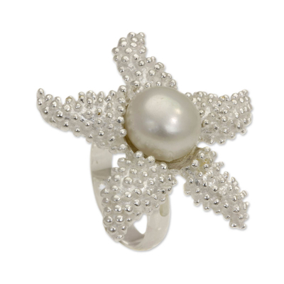 Cultured pearl cocktail ring, 'Sparkling Starfish' - Sterling Silver and White Pearl Cocktail Ring