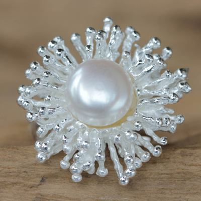 Cultured pearl cocktail ring, 'Pemuteran Treasure' - Fair Trade Sterling Silver and Pearl Cocktail Ring