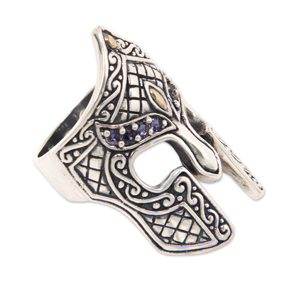 Men's gold accent iolite ring, 'Warrior' - Gold Accent Etruscan Warrior Ring with Iolite