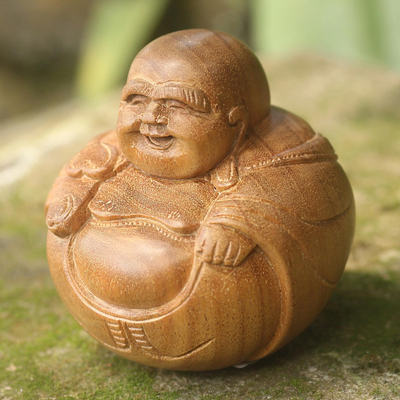 Wood sculpture, 'Laughing Buddha' - Laughing Buddha Sculpture