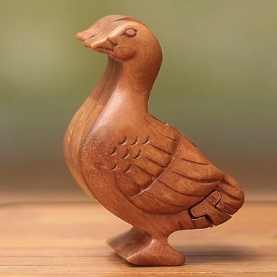 Wood puzzle box, 'Javanese Duck' - Handmade Natural Wood Puzzle Box