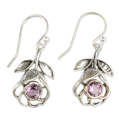 Amethyst flower earrings, 'Eternal Rose' - Floral Silver Earrings with Amethyst