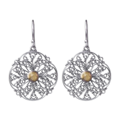 Gold accent dangle earrings, 'Filigree Sun' - Gold Accent Flower Earrings from Bali