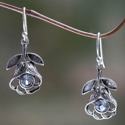 Blue topaz flower earrings, 'Eternal Rose' - Floral Silver Earrings with Blue Topaz
