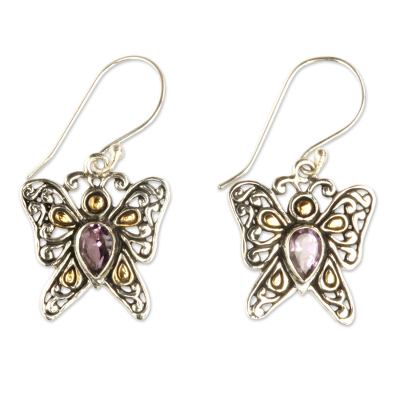 Gold accent amethyst dangle earrings, 'Magical Monarch' - Handcrafted Indonesian Gold Accent Amethyst Earrings