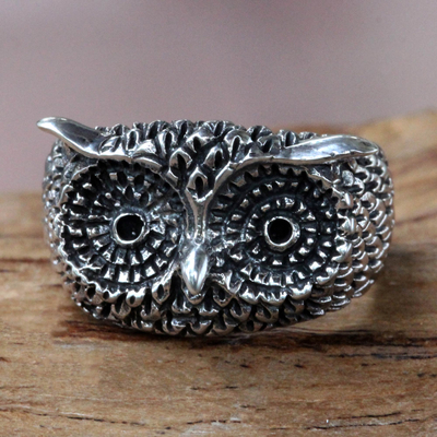 Sterling silver cocktail ring, 'Watchful Owl' - Silver Owl Ring