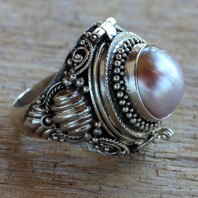 Cultured pearl locket ring, 'Rose Secret' - Pink Cultured Pearl and Silver Locket Ring
