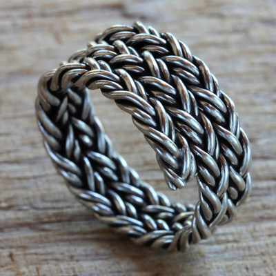 Men's sterling silver band ring, 'Spiral Path' - Men's Wide Braided Silver Ring