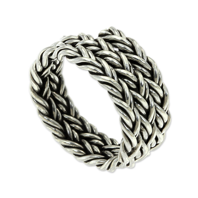 Men's sterling silver band ring, 'Spiral Path' - Men's Wide Braided Silver Ring