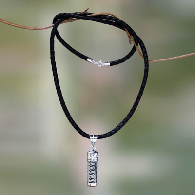 Sterling silver and leather locket necklace, 'Secret Path' - Silver Locket Necklace with Black Leather Cord