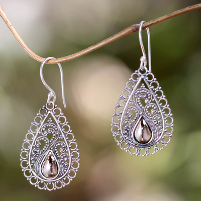 Gold accent filigree earrings, 'Silver Lace' - Silver Lace Earrings with 18k Gold