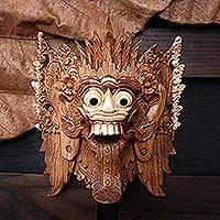 Wood mask, 'Demon Queen Rangda' - Unique Handcrafted Indonesian Mask