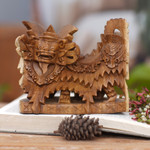 Wood sculpture, 'Barong Dances' - Artisan Crafted Wood Statuette