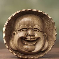 Wood mask, 'Happy Buddha' - Artisan Carved Buddha Mask